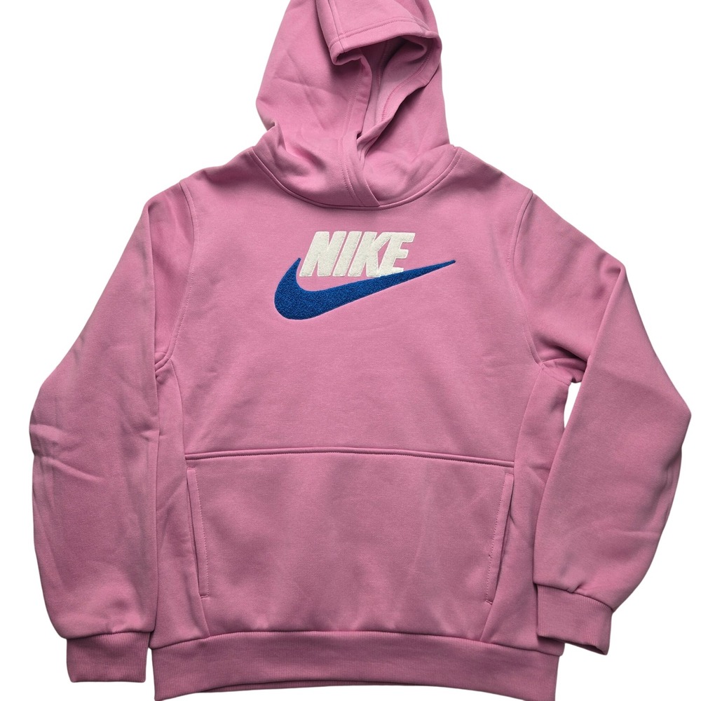 Nike Kids XL Pink Chenille Textured Logo Pullover Hoodie Sweatshirt Fleece Cozy‎